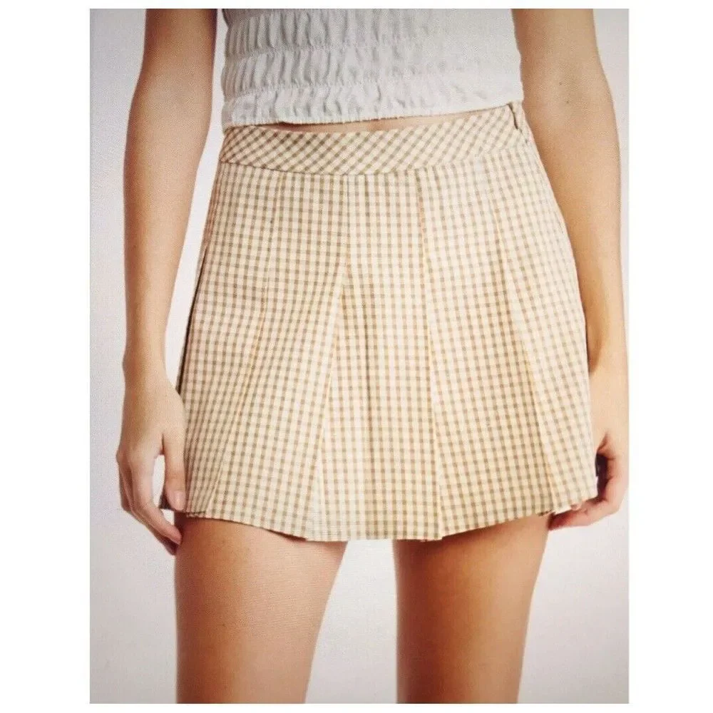 ELODIE Women's Size Medium Pleated Mini Skirt Clay Plaid Stretchy - Picture 3 of 7